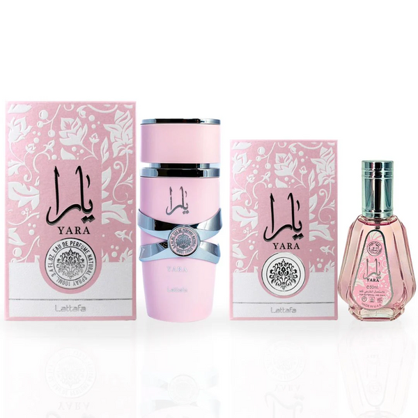 ara perfume bundle featuring 100ml Lattafa EDP and 50ml Ard Al Zaafaran EDP, displayed with matching pink floral boxes.