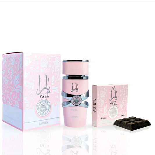  complete Yara set including the Yara perfume bottle, a pink Bukhoor box, and an elegant perfume packaging box, displayed with black Bukhoor pieces.