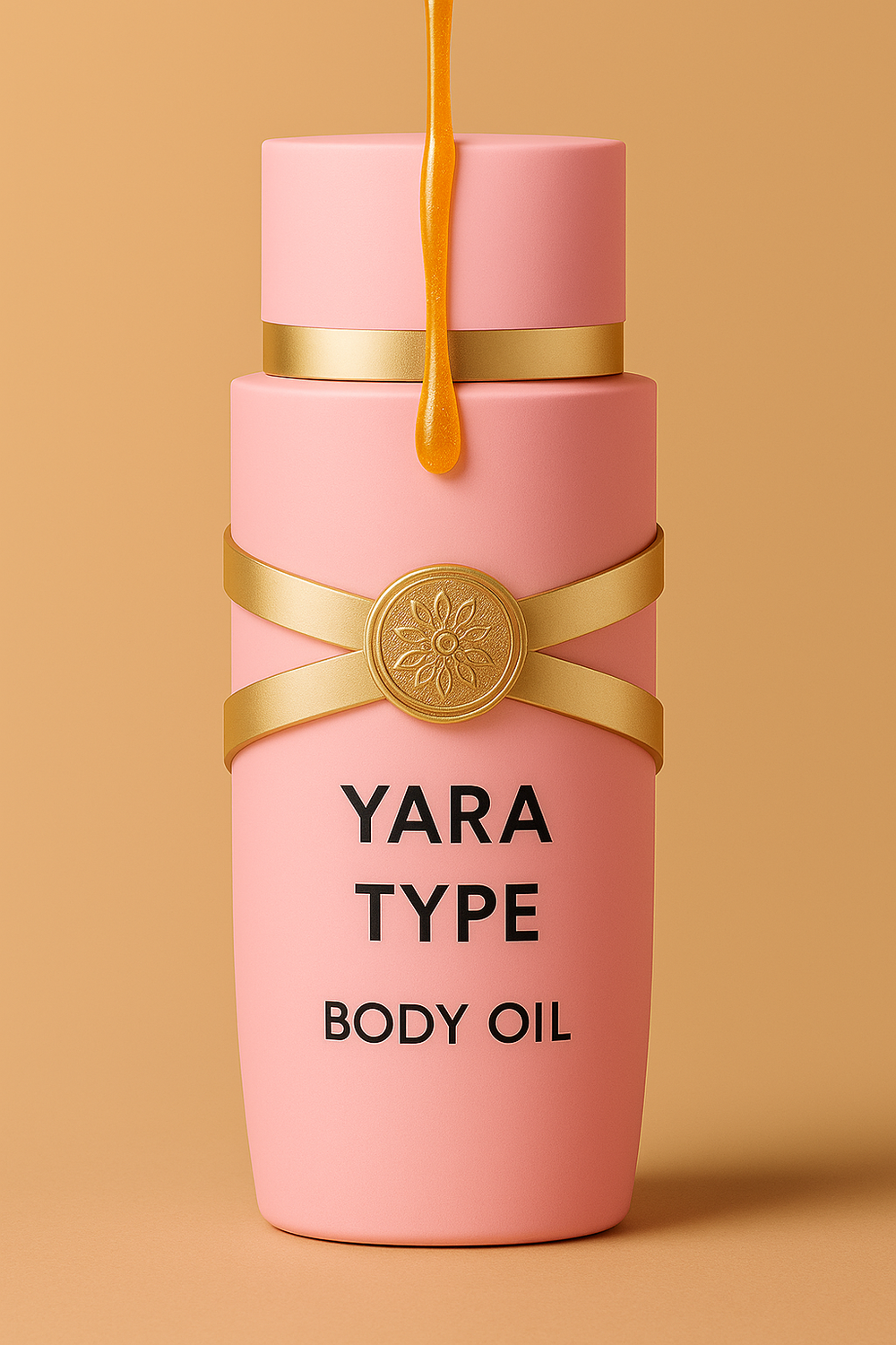 Elegant light pink Yara Type Body Oil bottle with gold band and medallion design, featuring a golden oil drip from the cap and bold black label text, styled after the original Lattafa Yara fragrance and set against a warm beige background.