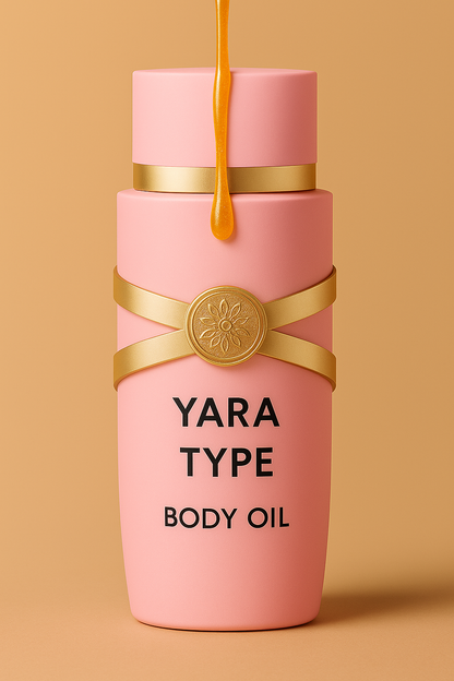 Elegant light pink Yara Type Body Oil bottle with gold band and medallion design, featuring a golden oil drip from the cap and bold black label text, styled after the original Lattafa Yara fragrance and set against a warm beige background.