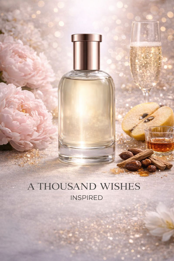 A Thousand Wishes Inspired fragrance oil for women featuring peony, prosecco, amber, quince, and warm amaretto notes in an elegant glass bottle