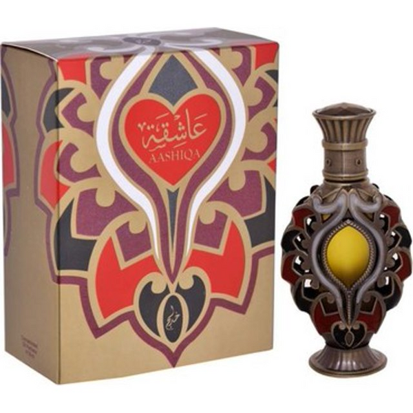 Aashiqa Concentrated Perfume Oil by Khadlaj, featuring a luxurious bronze and red ornate bottle and an elegant matching box design.