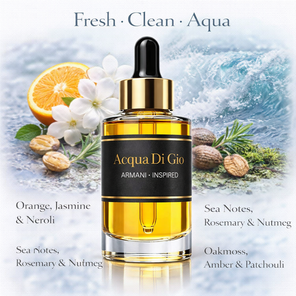 Acqua Di Gio Armani Inspired fragrance oil – Fresh Clean Aqua scent with citrus, sea notes, rosemary and amber on white background