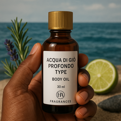 Dark-skinned hand holding a 30ml HA Fragrances Acqua Di Giò Profondo Type body oil bottle with gold cap, tropical beach background featuring ocean, rosemary, lavender, and sliced lime – fresh aquatic fragrance for men.