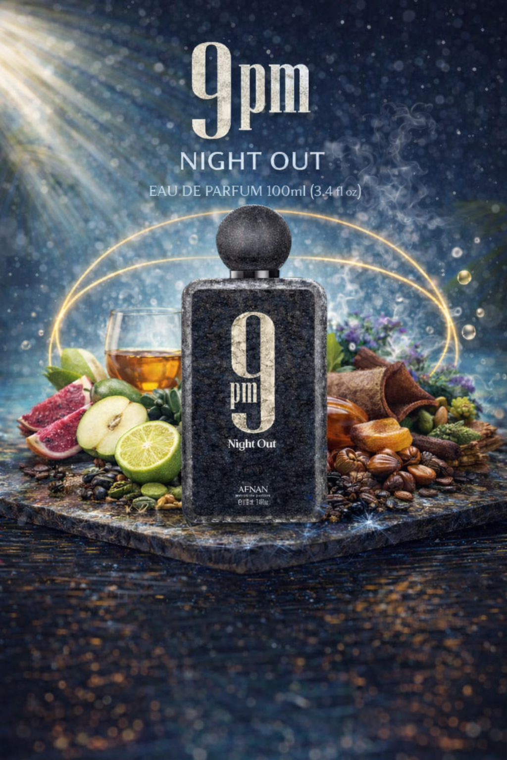 Afnan 9PM Night Out Extrait de Parfum 100ml fragrance bottle with fruity, spicy and amber notes, luxury evening scent for men and unisex wear, popular Arabic perfume available at HA Fragrances for decants and full size bottles.