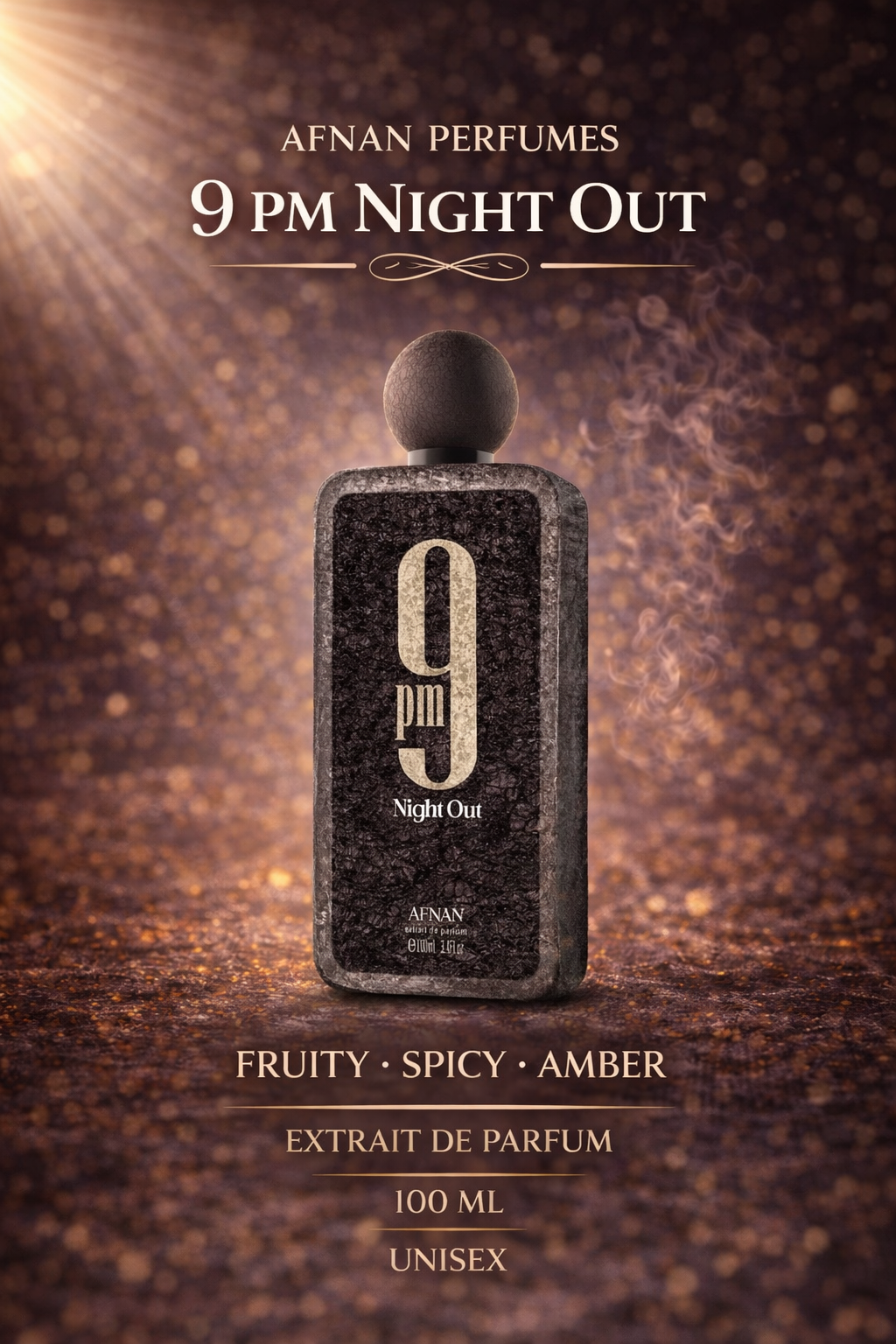 Afnan 9PM Night Out Extrait de Parfum 100ml unisex fragrance featuring fruity, spicy and amber scent profile, long lasting evening perfume ideal for nightlife and special occasions, available at HA Fragrances.