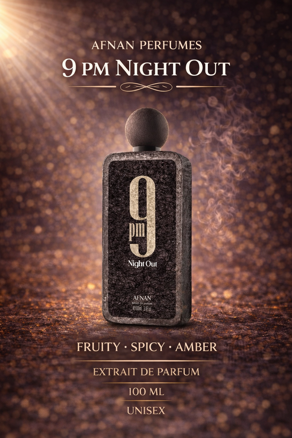 Afnan 9PM Night Out Extrait de Parfum 100ml unisex fragrance featuring fruity, spicy and amber scent profile, long lasting evening perfume ideal for nightlife and special occasions, available at HA Fragrances.