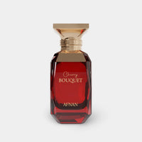 Afnan Cherry Bouquet Eau De Parfum for Women, displayed in a sophisticated red glass bottle with gold accents, offering a luxurious fragrance experience.