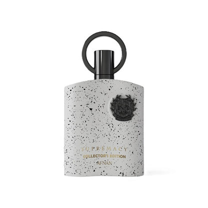 Close-up of Afnan Supremacy Collector's Edition fragrance bottle – modern speckled design, 2024 men’s chypre fruity cologne