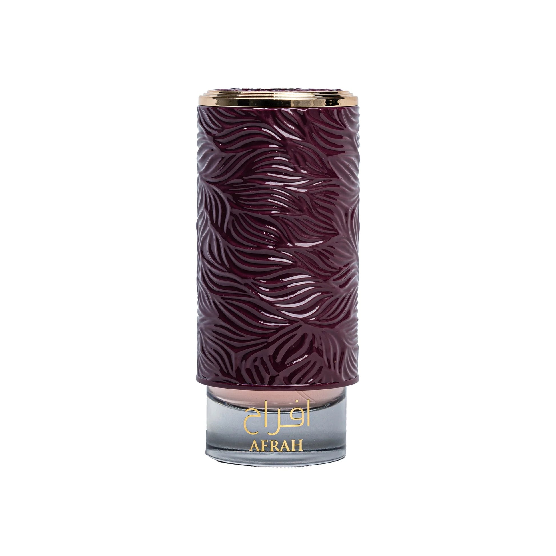 Close-up of Afrah Cherry Perfume Bottle 100ml with burgundy embossed texture