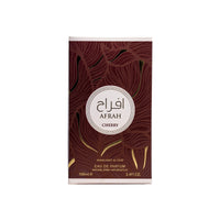 Afrah Cherry Eau De Parfum packaging box with leaf pattern and gold accents