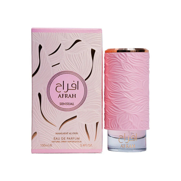 Afrah Sensual perfume by Mamlakat Al Oud with pink embossed bottle and matching box, 100ml Eau de Parfum.