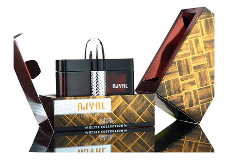 Ajyal Eau De Parfum by Nabeel from the Elite Collection, featuring luxurious packaging with golden accents and a sleek perfume bottle.