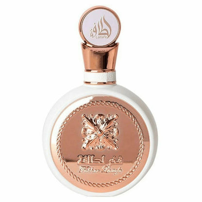 Fakhar by Lattafa Eau de Parfum 3.4oz, featuring an elegant white bottle with intricate rose gold detailing and a luxurious design.