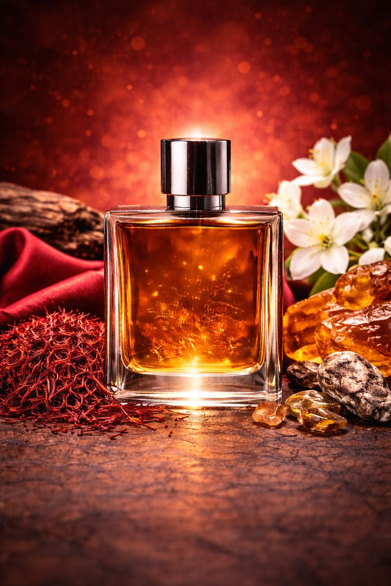 Amber Oud Rouge inspired fragrance oil with saffron, jasmine, ambergris, cedar, and musk notes