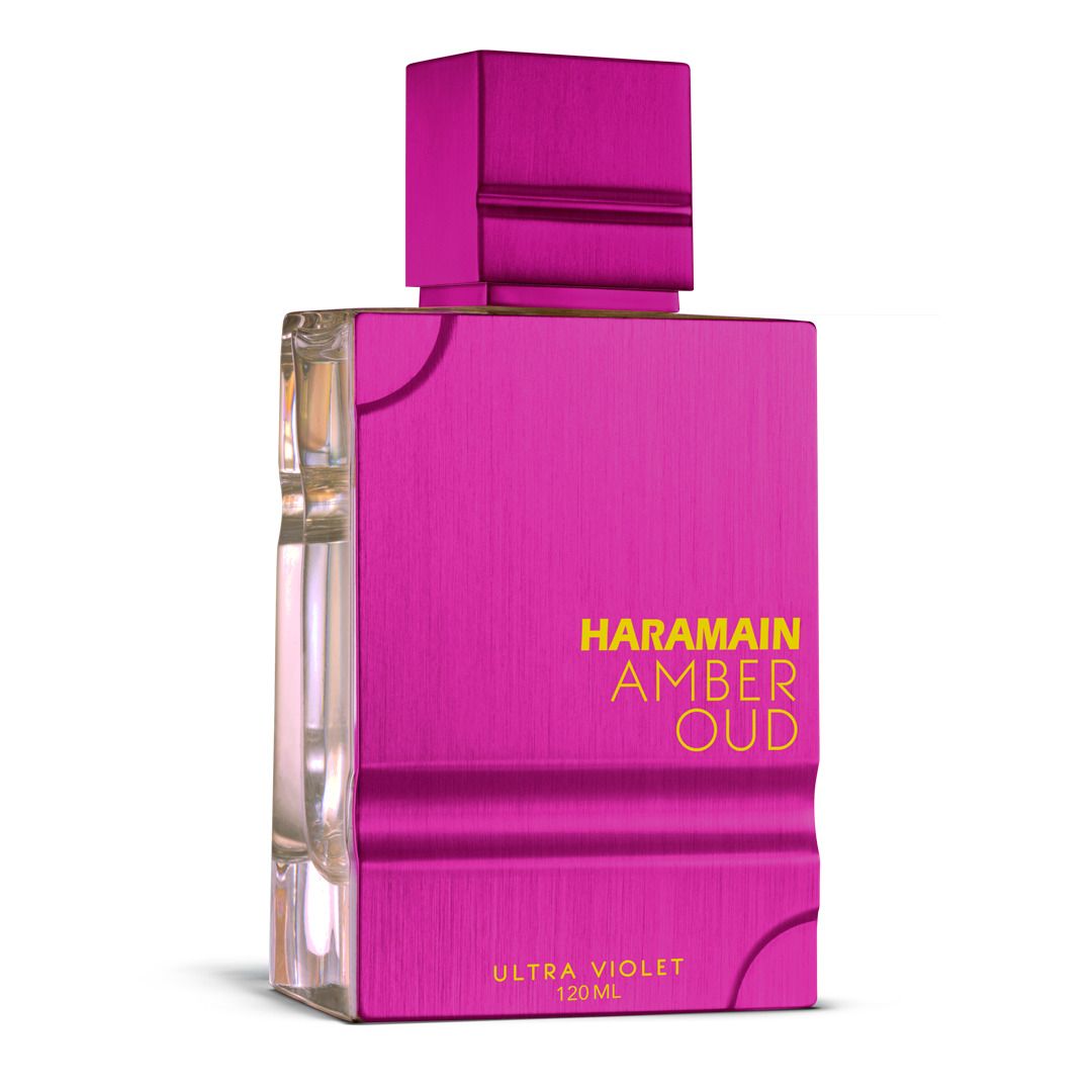 Close-up of Al Haramain Amber Oud Ultra Violet Perfume bottle in radiant pink, 120ml Eau De Parfum.