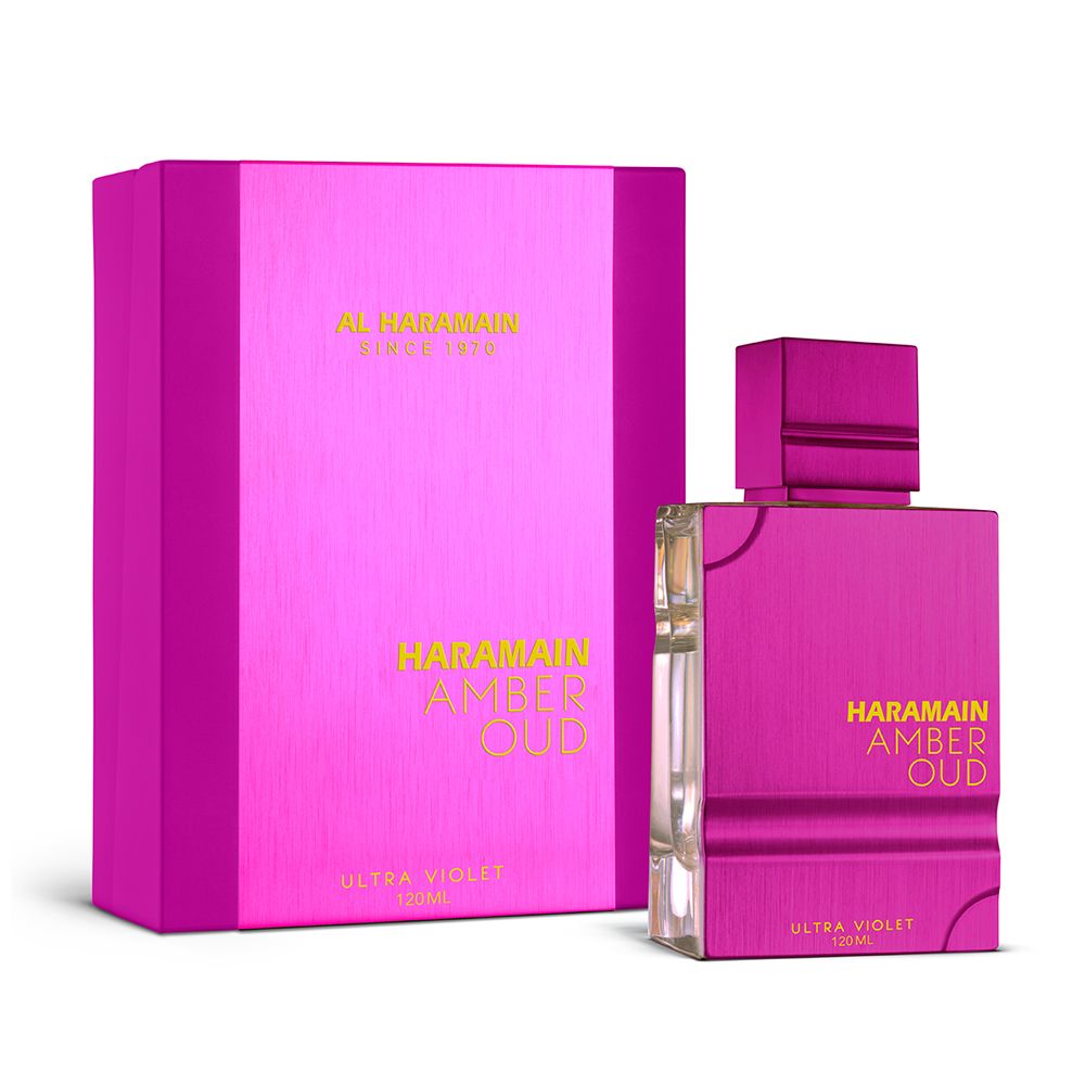 Al Haramain Amber Oud Ultra Violet Perfume in vibrant pink packaging with a matching sleek bottle, 120ml Eau De Parfum.