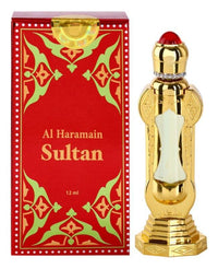 Sultan Perfume Oil by Al Haramain, featuring a golden ornate bottle with red and green accents.