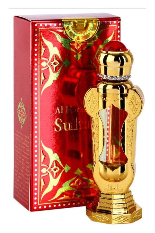 Al Haramain Sultan Perfume Oil with luxurious gold bottle and vibrant red packaging.