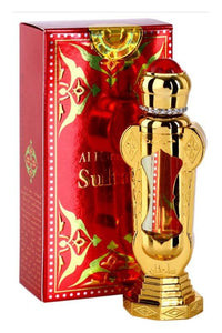 Al Haramain Sultan Perfume Oil with luxurious gold bottle and vibrant red packaging.