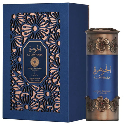 Al Jawhara perfume bottle and matching box by Lattafa – luxury packaging for unisex oriental fragrance
