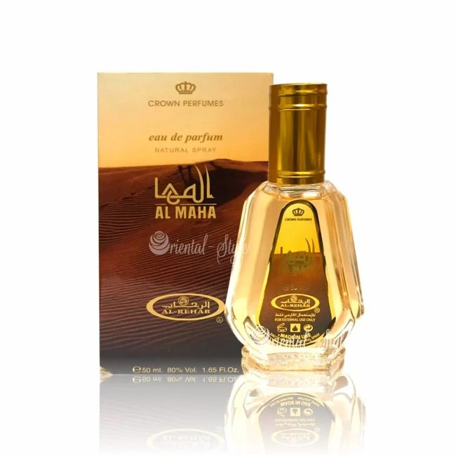 Al Maha Eau de Parfum 50ml by Al-Rehab, featuring a luxurious golden bottle with elegant packaging inspired by desert landscapes, perfect for a bright floral and white musk fragrance.