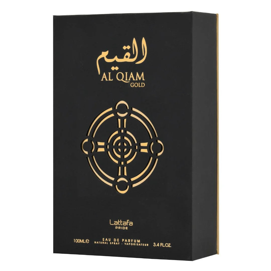 Al Qiam Gold by Lattafa Pride – black and gold outer box packaging with Arabic logo and luxury design