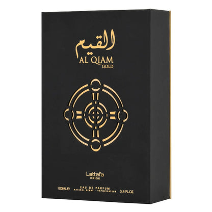 Al Qiam Gold by Lattafa Pride – black and gold outer box packaging with Arabic logo and luxury design