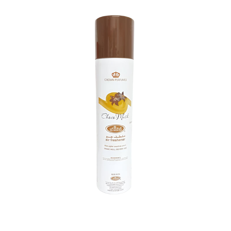 Choco Musk Air Freshener by Al Rehab – 300ml can with minimalist white and brown design, offering a sweet and musky chocolate fragrance.