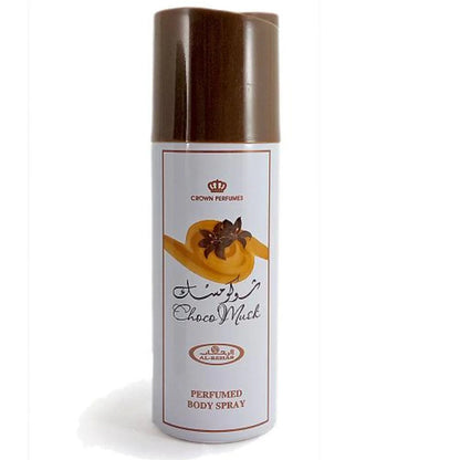 Choco Musk Perfumed Body Spray by Al Rehab – 200ml can featuring a minimalist white and brown design with a rich chocolate and musk fragrance.
