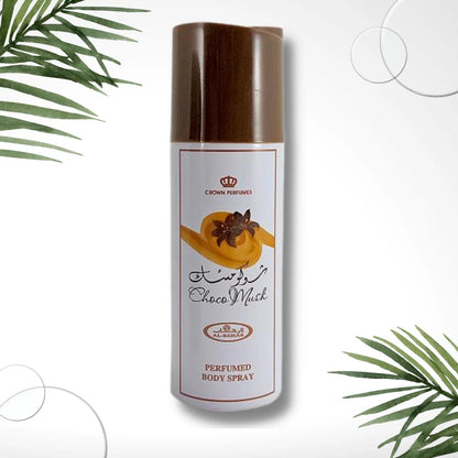 Choco Musk Perfumed Body Spray by Al Rehab – 200ml can with chocolate and musk notes, surrounded by tropical leaves and clean design elements.