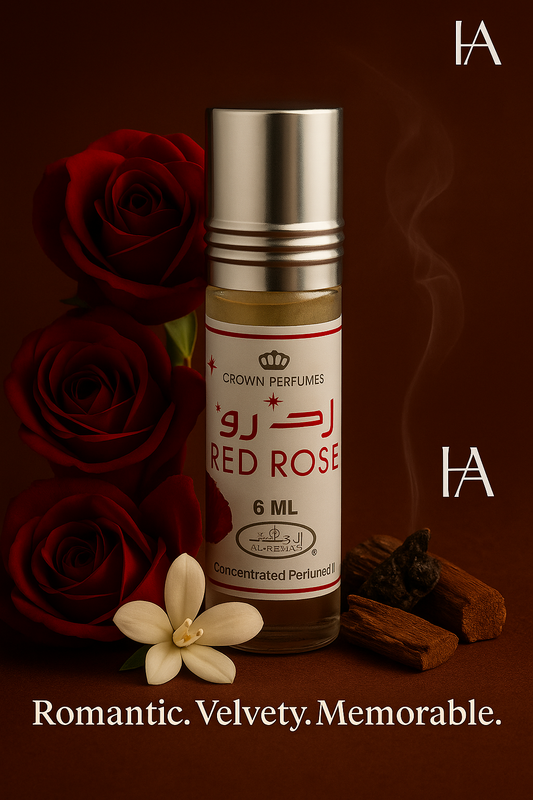 Al Rehab Red Rose 6ml roll-on perfume oil with rose, vanilla, musk, and sandalwood note visuals – HA Fragrances product image.