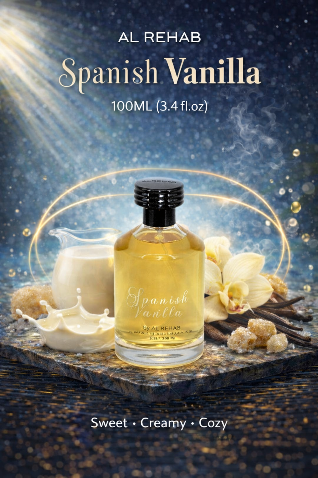 Al Rehab Spanish Vanilla EDP Spray 100ml fragrance featuring a sweet creamy vanilla scent profile, warm cozy gourmand fragrance with soft milky vanilla sweetness, luxury Arabian perfume spray ideal for everyday wear.