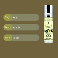 Spanish Vanilla Perfume Oil by Al Rehab – 6ml roll-on with fragrance notes breakdown: Milk, Vanilla, and Sugar.