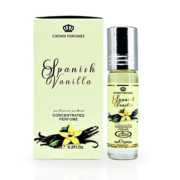 Spanish Vanilla Perfume Oil by Al Rehab – 6ml roll-on bottle and elegant packaging, showcasing the luxurious vanilla scent.