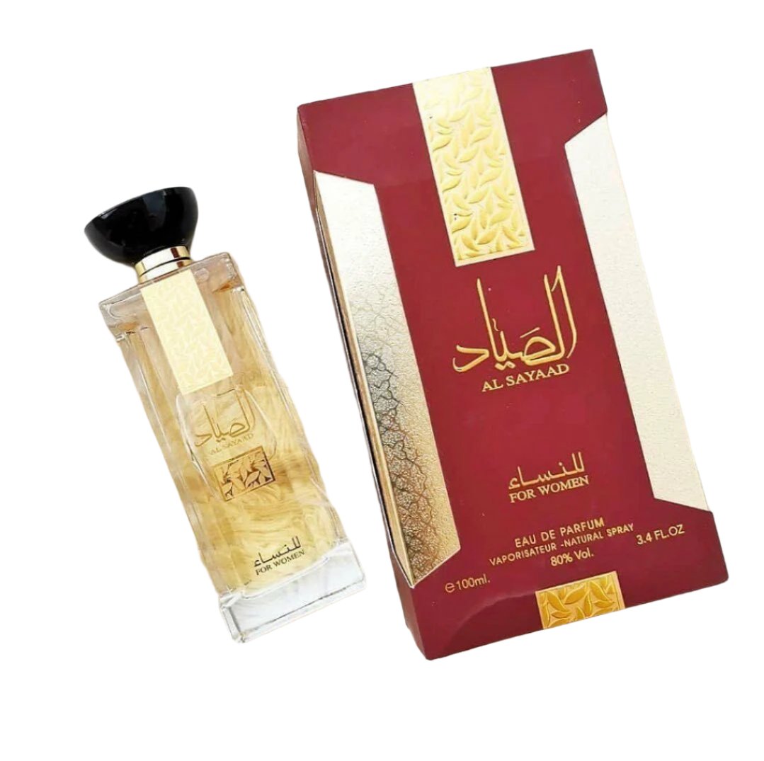 Al Sayaad for Women Eau De Parfum 100ML by Ard Al Zaafaran, featuring a sophisticated glass bottle with gold accents and matching red and gold packaging.