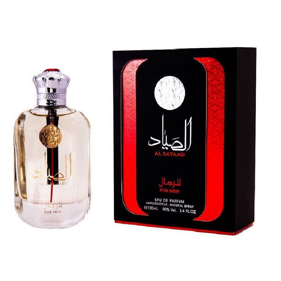 Al Sayaad Eau De Parfum 100ML for Men by Ard Al Zaafaran, featuring an elegant clear bottle with gold accents and matching bold black and red packaging.