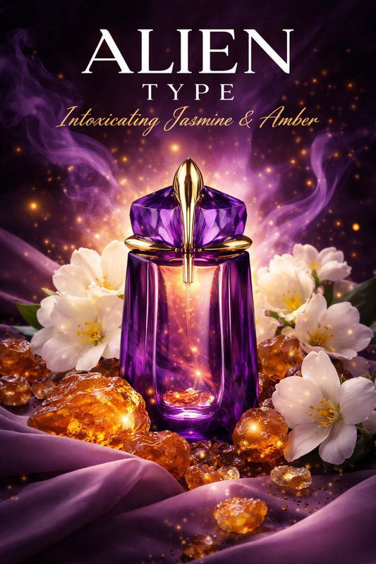 Alien inspired fragrance oil featuring jasmine sambac, warm amber, and woody cashmeran notes for women