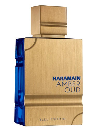 Amber Oud Bleu Edition EDP by Al Haramain – A sleek gold and blue perfume bottle showcasing elegance and luxury.