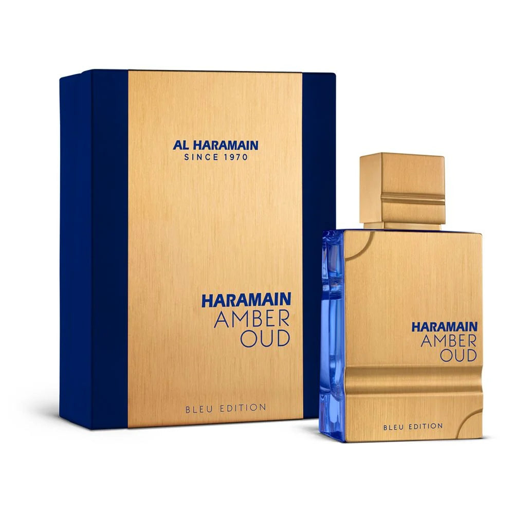 Amber Oud Bleu Edition EDP by Al Haramain – The perfume bottle and packaging, highlighting the luxurious gold and blue design.