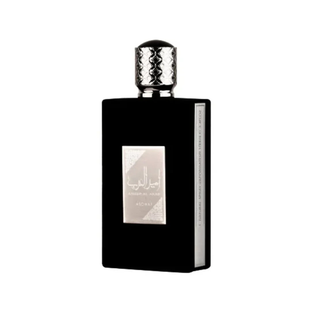 Ameer Al Arab Black Eau de Parfum 100ml bottle with sleek black design and silver cap.