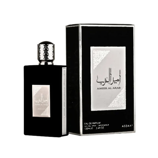 Ameer Al Arab Black Eau de Parfum 100ml bottle alongside its matching black and silver packaging.