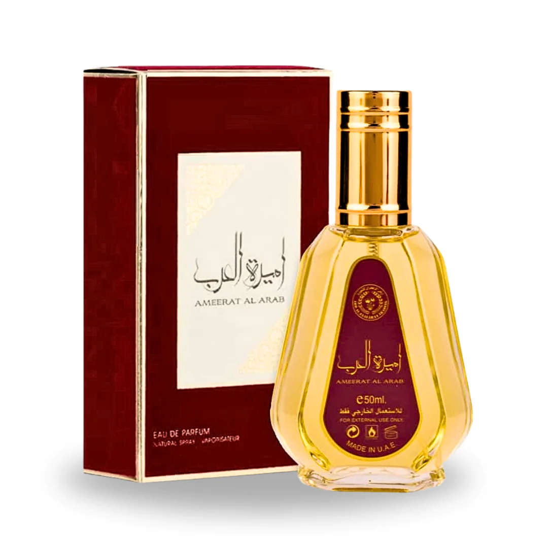 Ameerat Al Arab Eau De Parfum 50ML by Ard Al Zaafaran, showcasing the ornate golden bottle alongside its stylish red and white box.