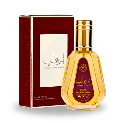 Ameerat Al Arab Eau De Parfum 50ML by Ard Al Zaafaran, showcasing the ornate golden bottle alongside its stylish red and white box.