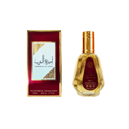 Ameerat Al Arab Eau De Parfum 50ML by Ard Al Zaafaran, featuring a luxurious gold-accented bottle and elegant red and white packaging.