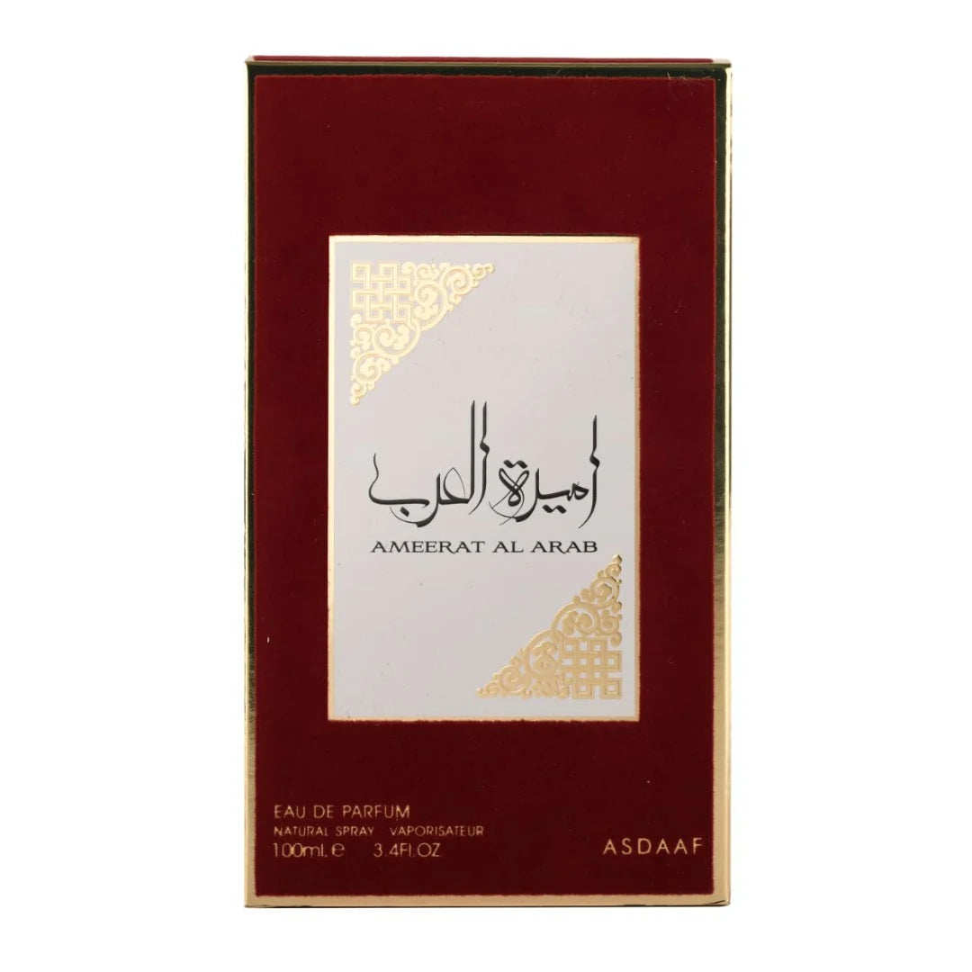 Ameerat Al Arab by Asdaaf – full product display of red bottle and matching gold-accented box for women’s oriental perfume