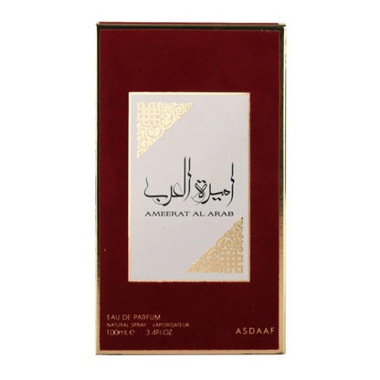 Ameerat Al Arab by Asdaaf – full product display of red bottle and matching gold-accented box for women’s oriental perfume