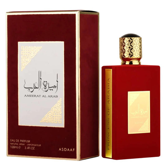 Ameerat Al Arab by Asdaaf – front view of luxury red and gold perfume box with Arabic calligraphy