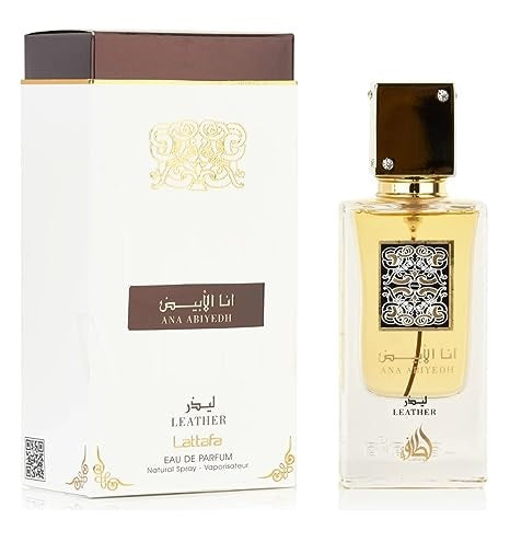 Ana Abiyedh Leather Eau De Parfum 60ML by Lattafa, featuring an elegant clear bottle with gold accents and an intricate black and gold label design.