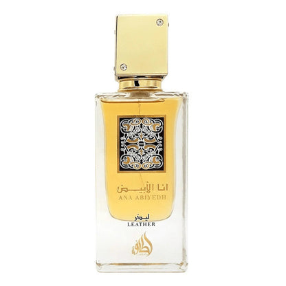 Ana Abiyedh Leather Eau De Parfum 60ML by Lattafa, showcasing a sleek bottle with gold details alongside its luxurious white and brown packaging.